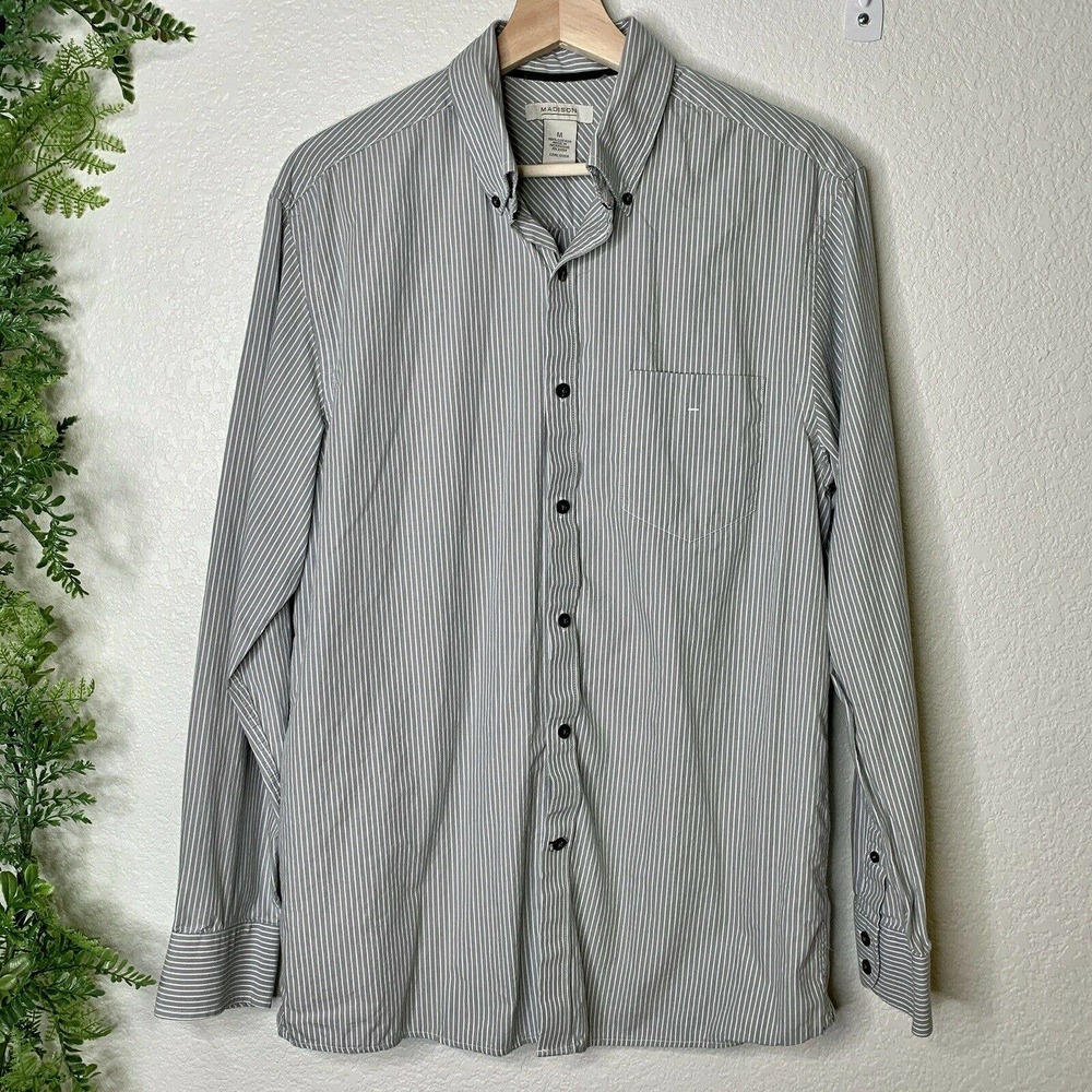 🌳 Madison Button Front Dress Shirt Gray Striped M